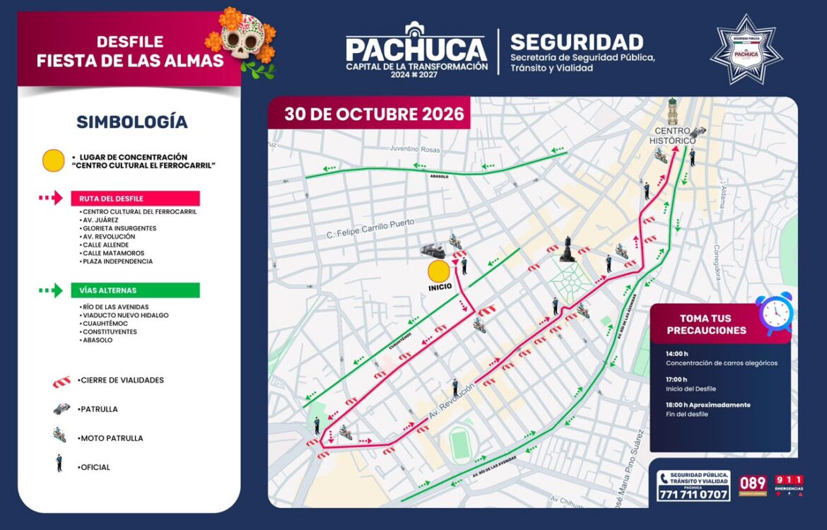 Pachuca tendrá cierres viales desde las 17:00 horas por desfile de Día de Muertos